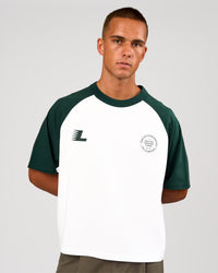 Man wearing Victory Heavyweight Boxed Raglan Tee - White-Midnight Green | Model:Albert | Size:M | Thumbnail Index: 1