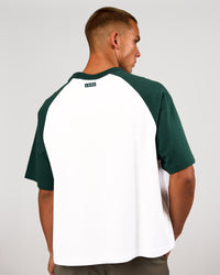 Man wearing Victory Heavyweight Boxed Raglan Tee - White-Midnight Green | Model:Albert | Size:M | Thumbnail Index: 4