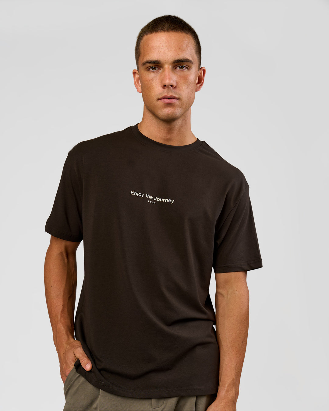Man wearing VS1 Enjoy The Journey FLXCotton Oversize Tee - Ground Coffee | Model:Albert | Size:M - view 2
