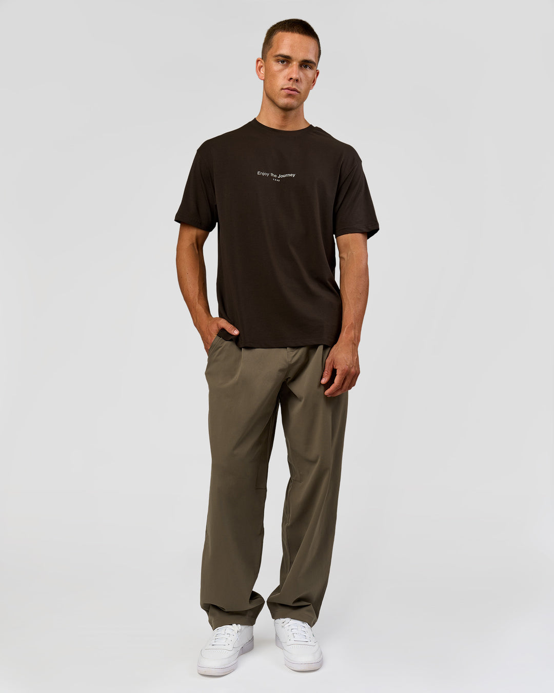 Man wearing VS1 Enjoy The Journey FLXCotton Oversize Tee - Ground Coffee | Model:Albert | Size:M - view 7