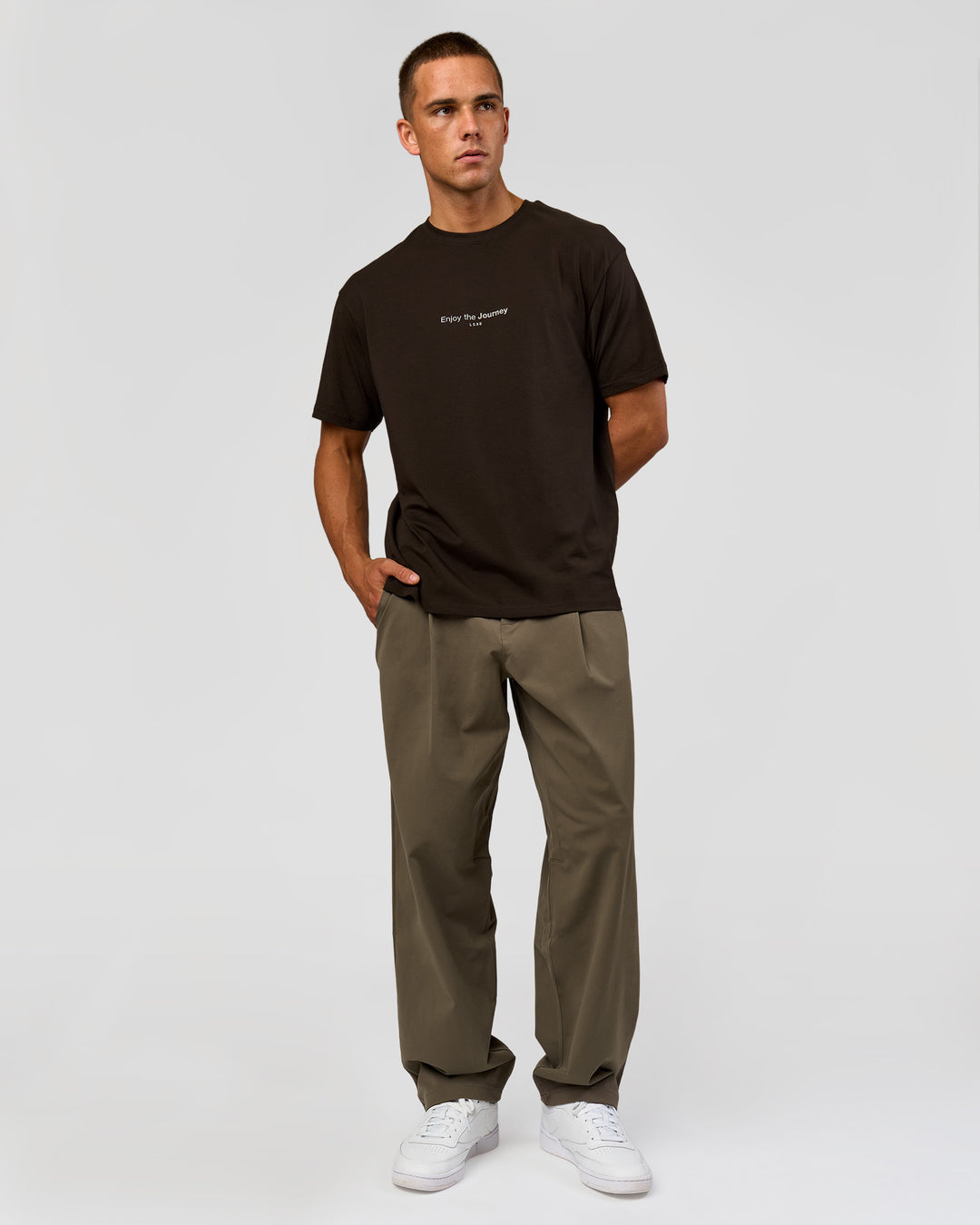 Man wearing VS1 Enjoy The Journey FLXCotton Oversize Tee - Ground Coffee | Model:Albert | Size:M - view 10