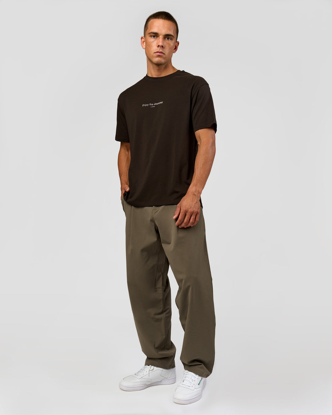 Man wearing VS1 Enjoy The Journey FLXCotton Oversize Tee - Ground Coffee | Model:Albert | Size:M - view 11