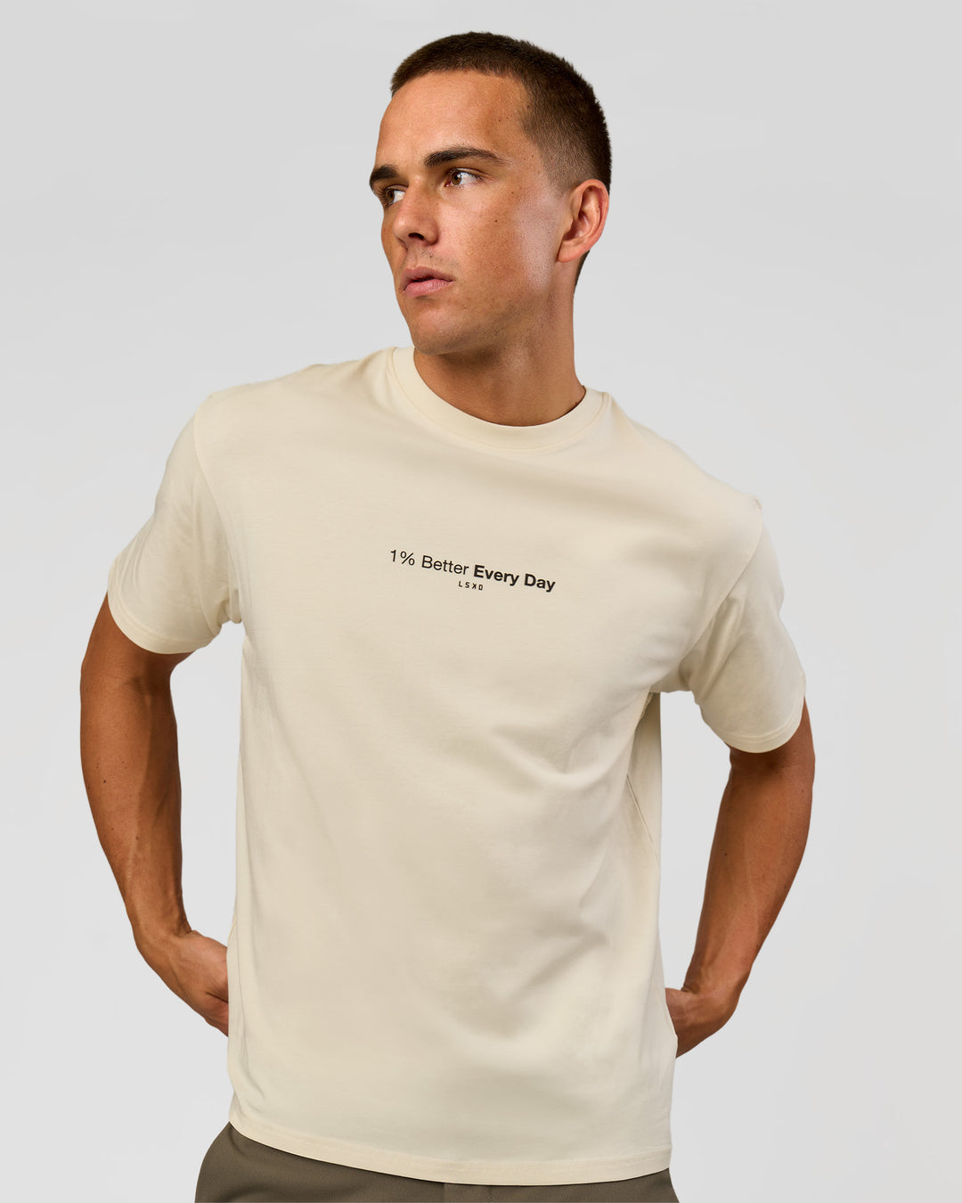 Man wearing VS6 1% Better FLXCotton Oversize Tee - Vanilla Bean | Model:Albert | Size:M - view 2