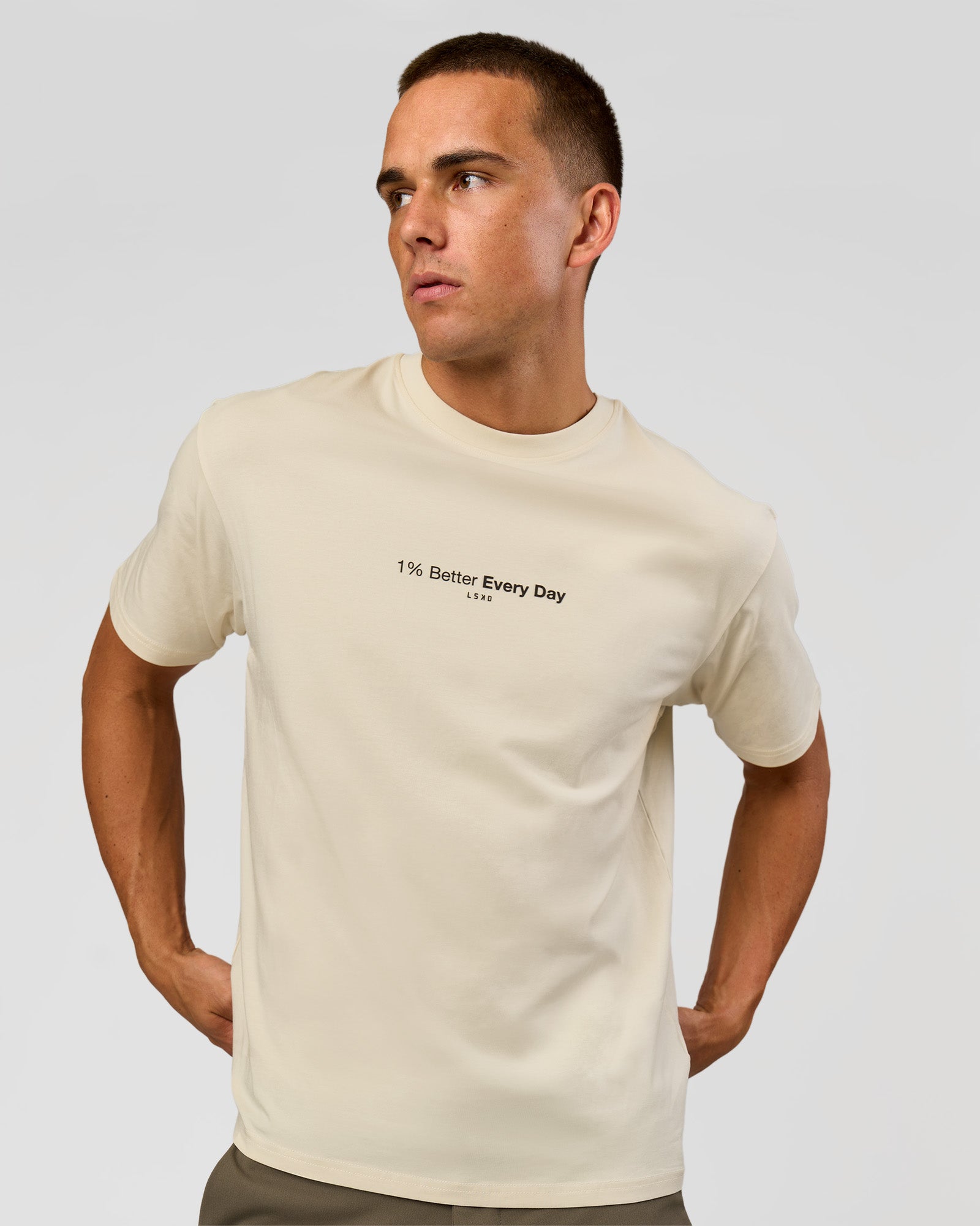 Man wearing VS6 1% Better FLXCotton Oversize Tee - Vanilla Bean | Model:Albert | Size:M