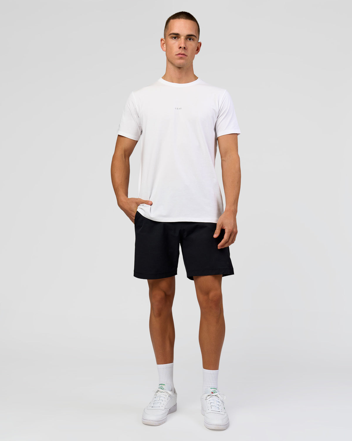 Man wearing Base FLXCotton Tee - White | Model:Base | Size:M