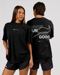 Man wearing Movember x LSKD FLXCotton Oversize Tee - Black-White | Model:George | Size:M | Thumbnail Index: 12