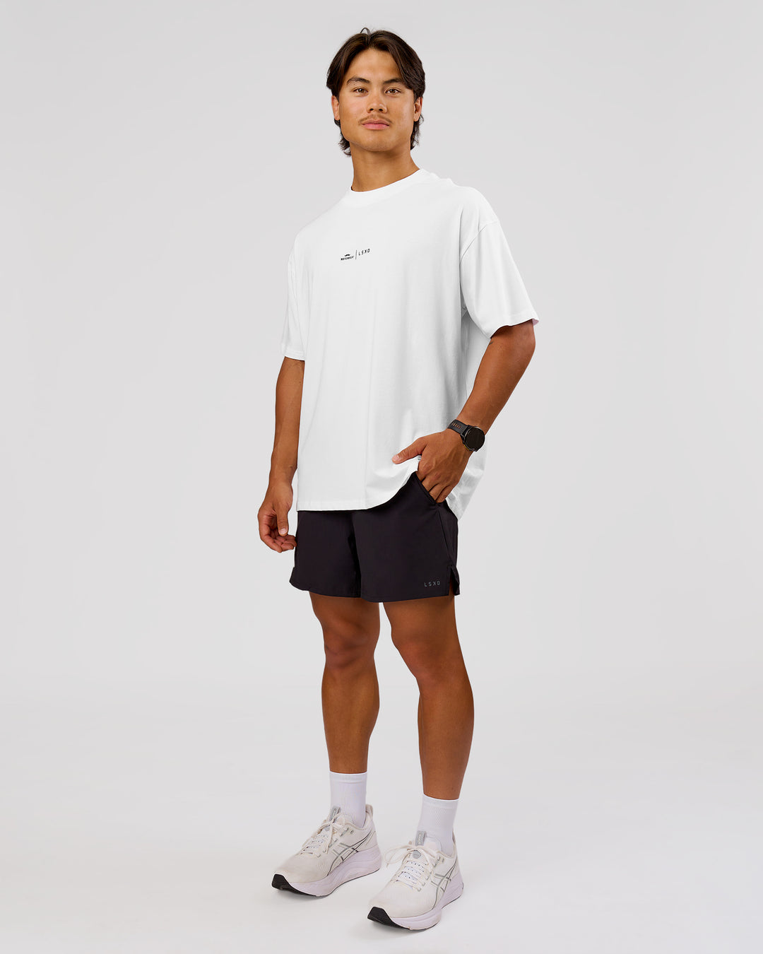 Man wearing Movember x LSKD FLXCotton Oversize Tee - White-Black | Model:George | Size:M - view 3