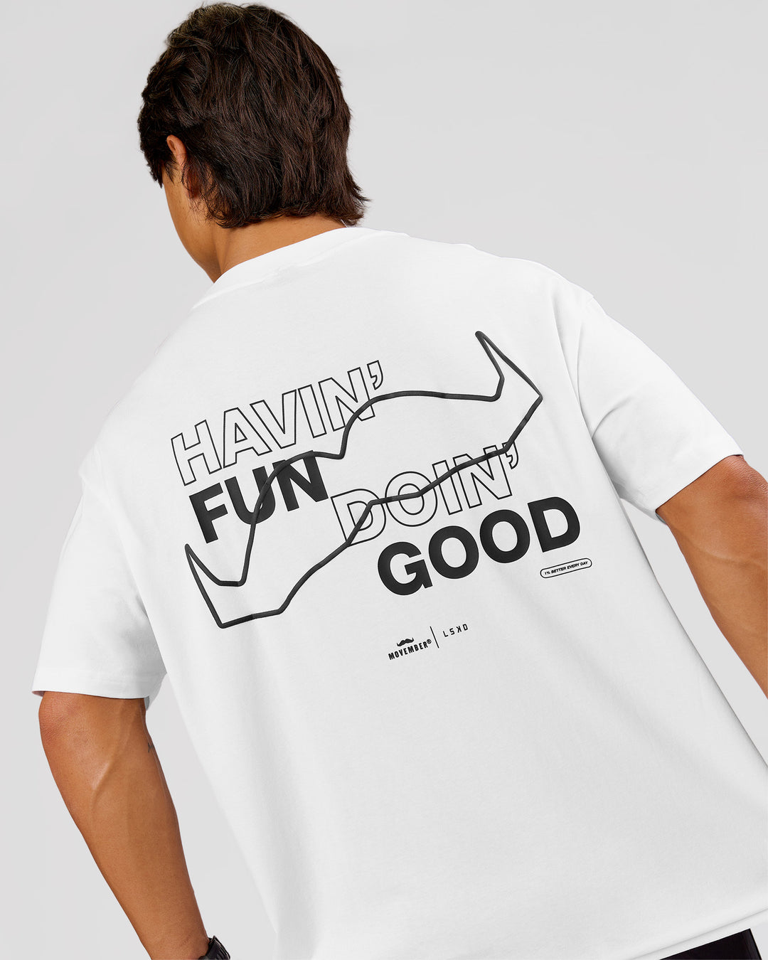 Man wearing Movember x LSKD FLXCotton Oversize Tee - White-Black | Model:George | Size:M - view 18