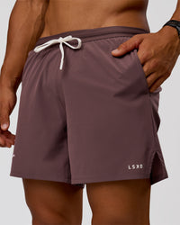 Man wearing Pace 5" Lined Running Short - Cocoa Powder-Off White | Model:George | Size:M | Thumbnail Index: 0