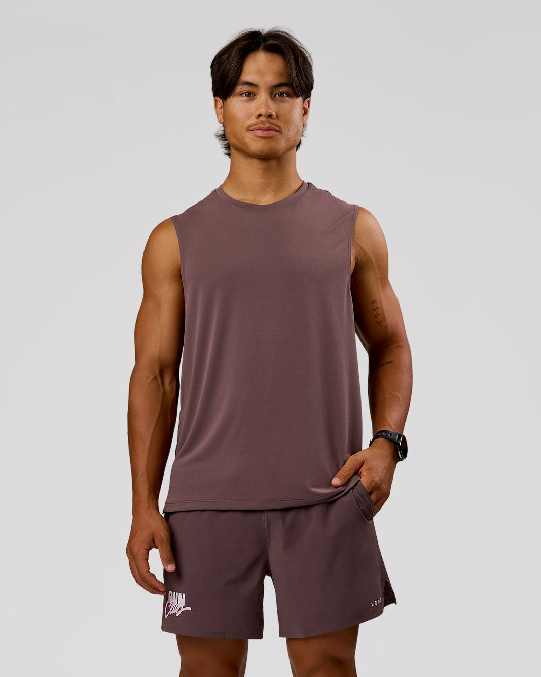 Man wearing Rep Muscle Training Tank - Cocoa Powder-Off White | Model:George | Size:M - view 1