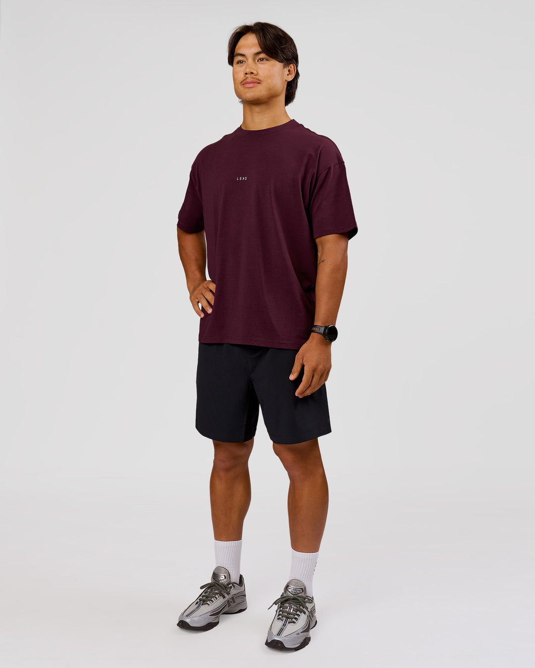 Man wearing VS26 1% Better FLXCotton Oversize Tee - Cherry Lacquer-Off White | Model:George | Size:M - view 14