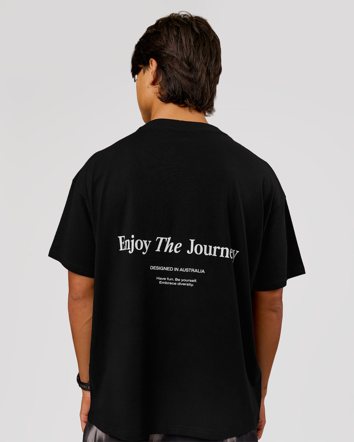 Man wearing VS26 Journey FLXCotton Oversize Tee - Black-White | Model:George | Size:M - view 2