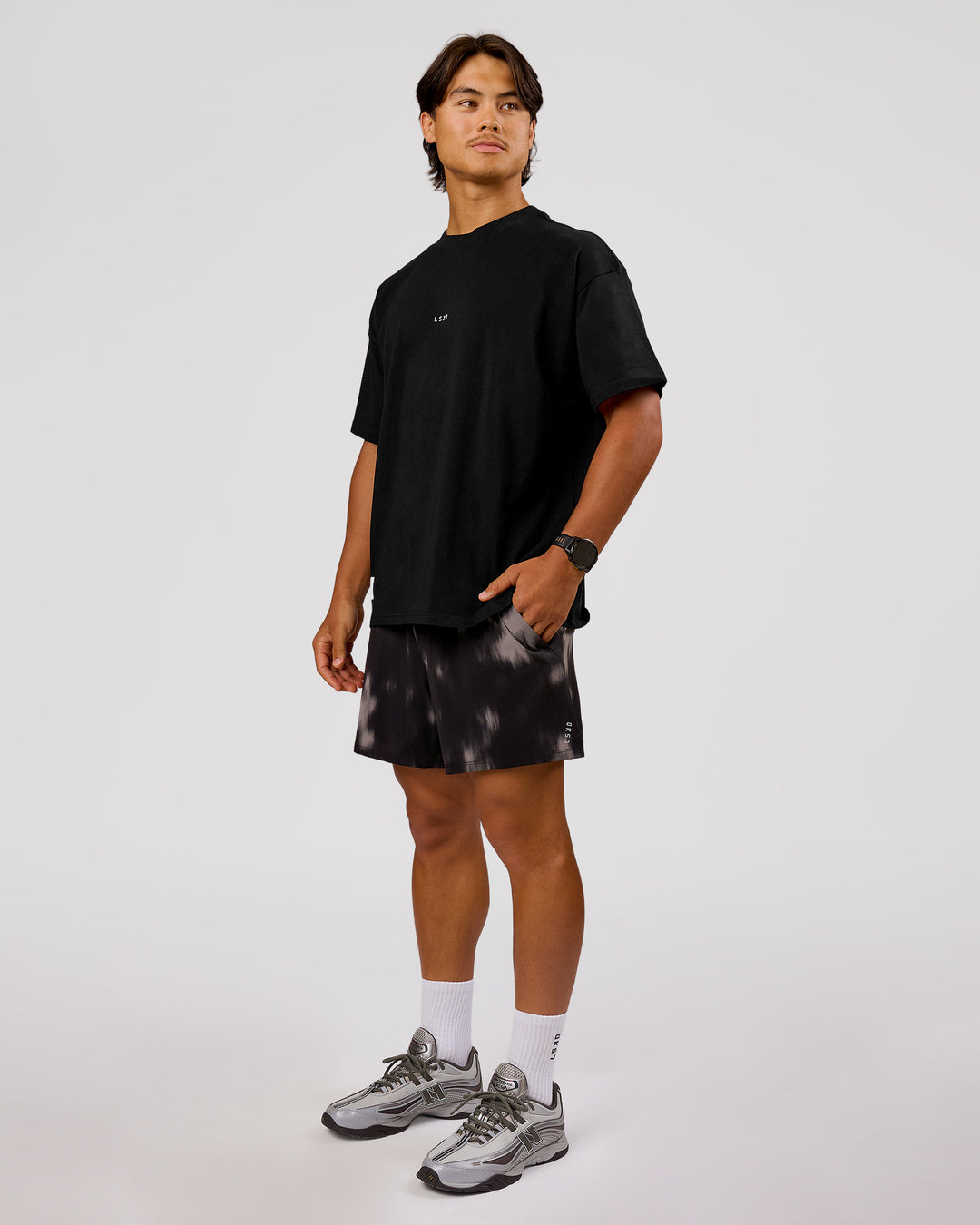 Man wearing VS26 Journey FLXCotton Oversize Tee - Black-White | Model:George | Size:M - view 13