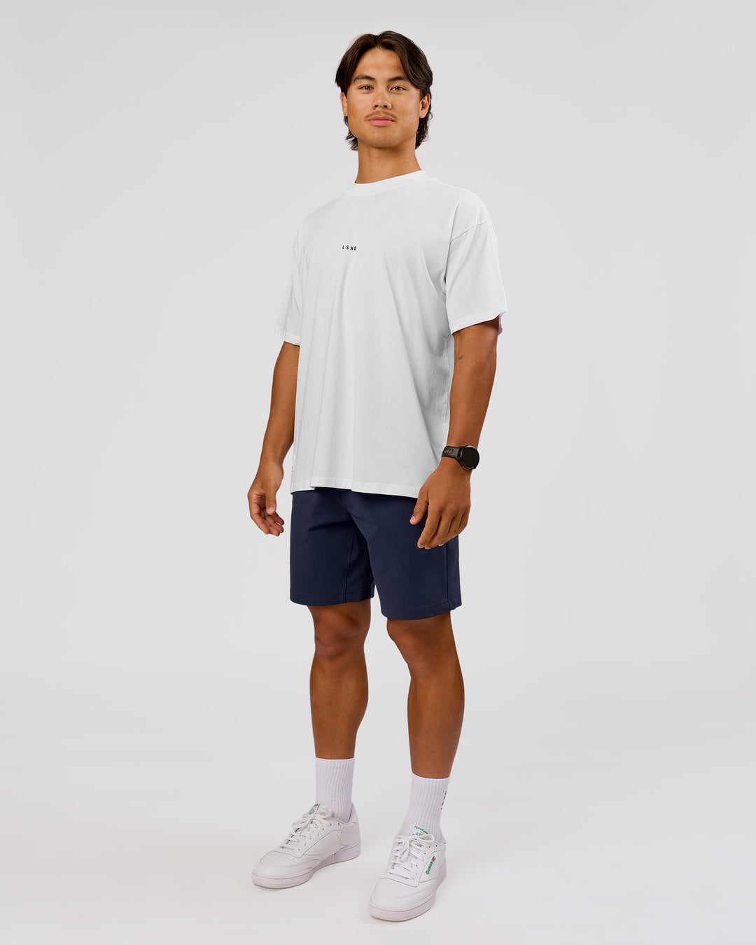 Man wearing VS26 Journey FLXCotton Oversize Tee - White-Black | Model:George | Size:M - view 13