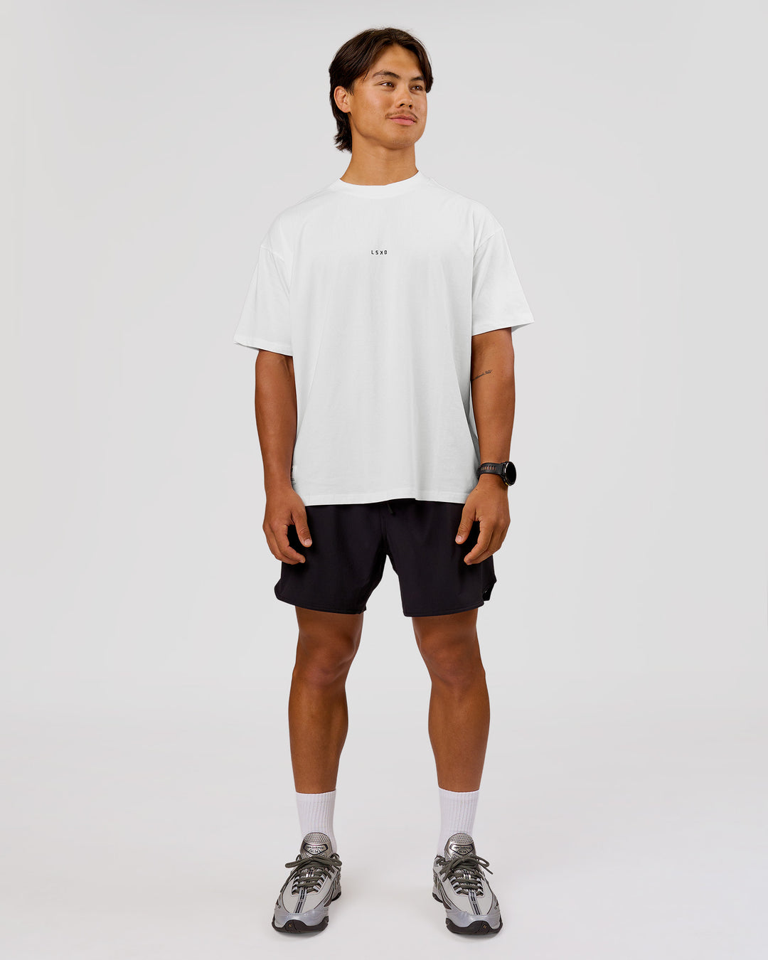 Man wearing VS26 MFBS FLXCotton Oversize Tee - White-Black | Model:George | Size:M - view 9