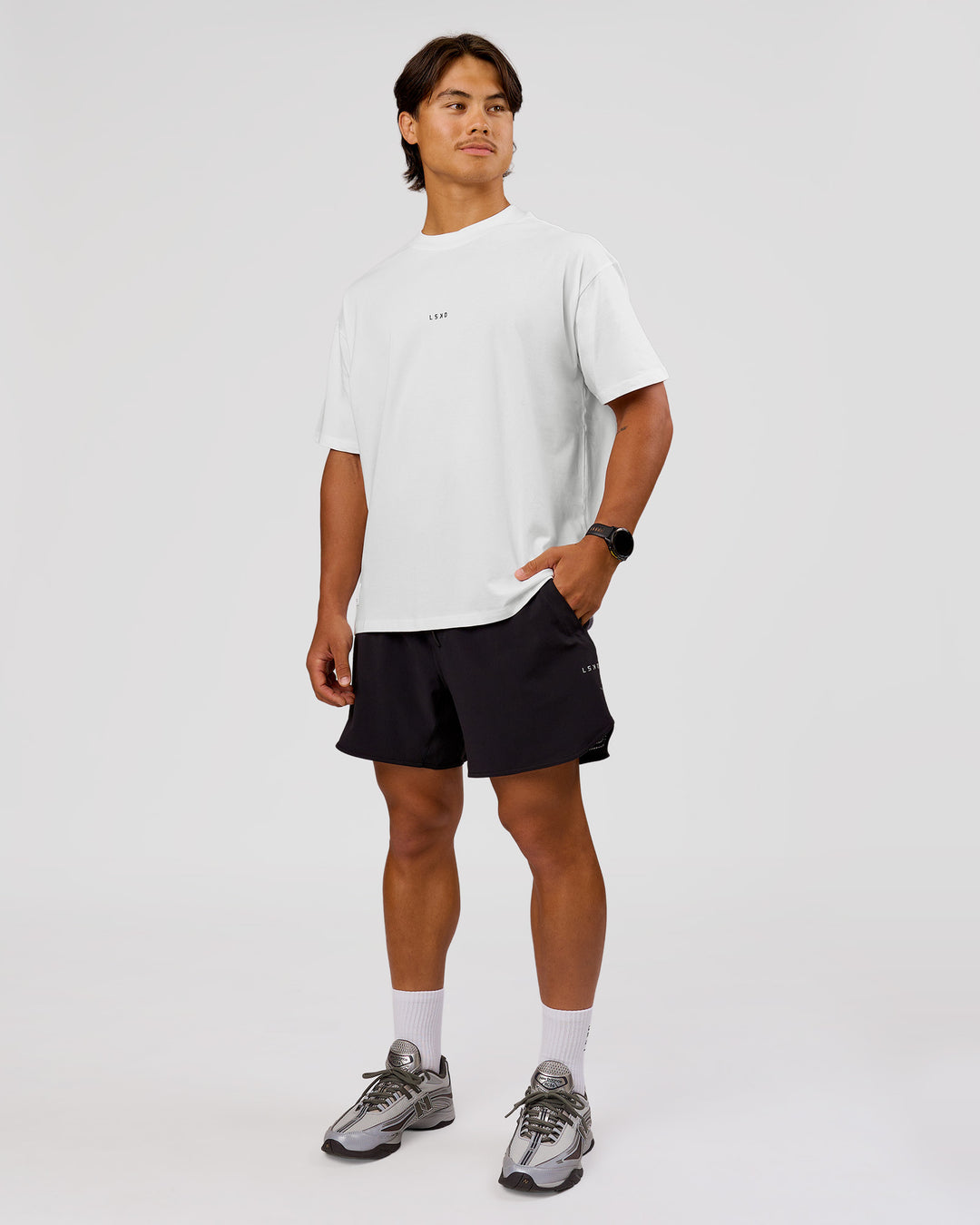 Man wearing VS26 MFBS FLXCotton Oversize Tee - White-Black | Model:George | Size:M - view 11