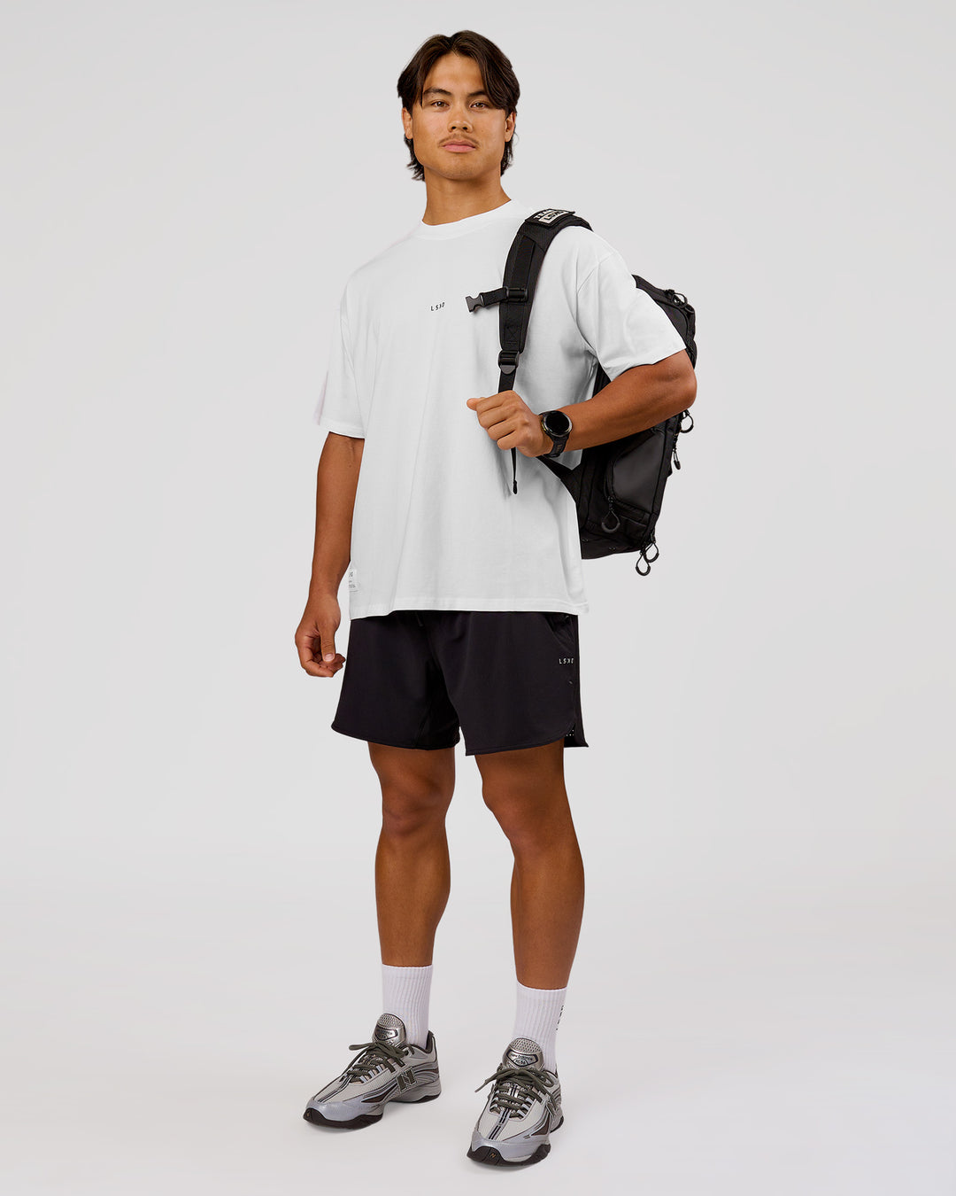 Man wearing VS26 MFBS FLXCotton Oversize Tee - White-Black | Model:George | Size:M - view 14