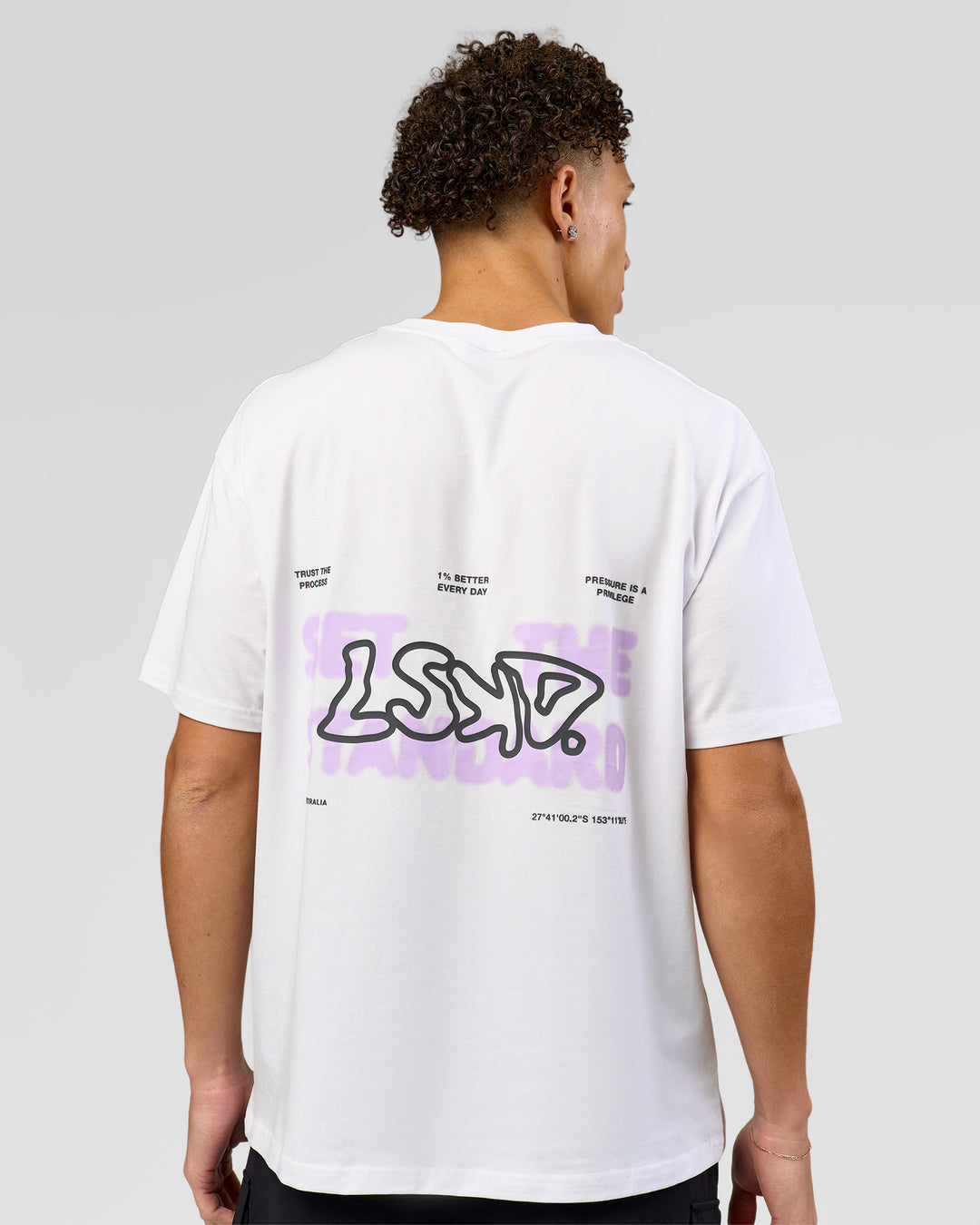 Man wearing Benchmark FLXCotton Oversized Tee - White-Pale Lilac | Model:Leandro | Size:M - view 2