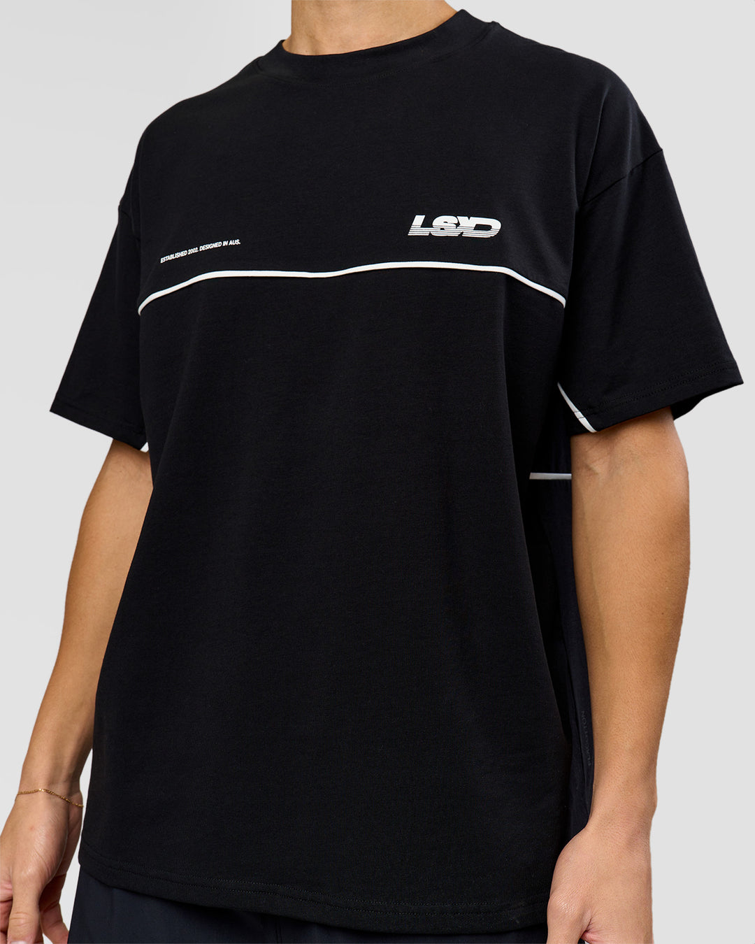 Man wearing Inline Heavyweight FLXCotton Oversized Tee - Black-White | Model:Leandro | Size:M - view 8