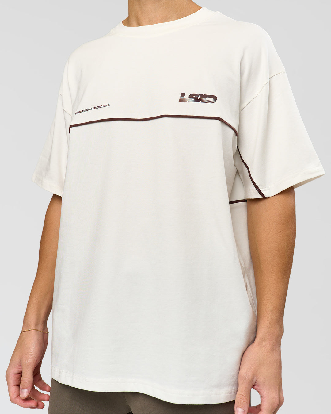 Man wearing Inline Heavyweight FLXCotton Oversized Tee - Off White-Hot Chocolate | Model:Leandro | Size:M - view 8