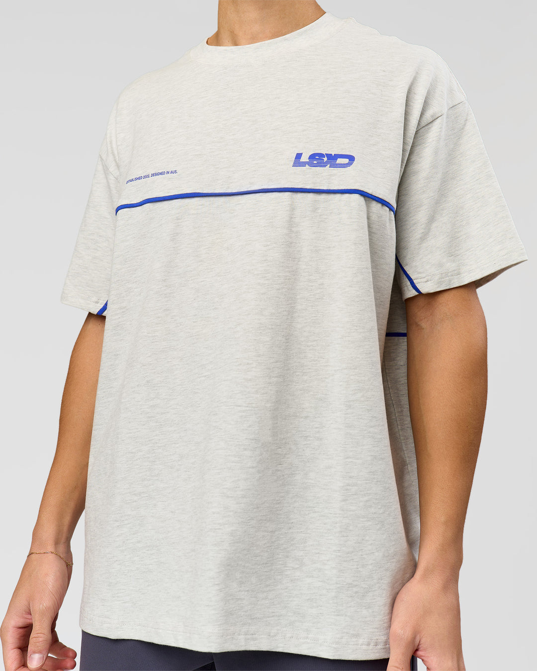 Man wearing Inline Heavyweight FLXCotton Oversized Tee - Silver Marl-Power Cobalt | Model:Leandro | Size:M - view 6