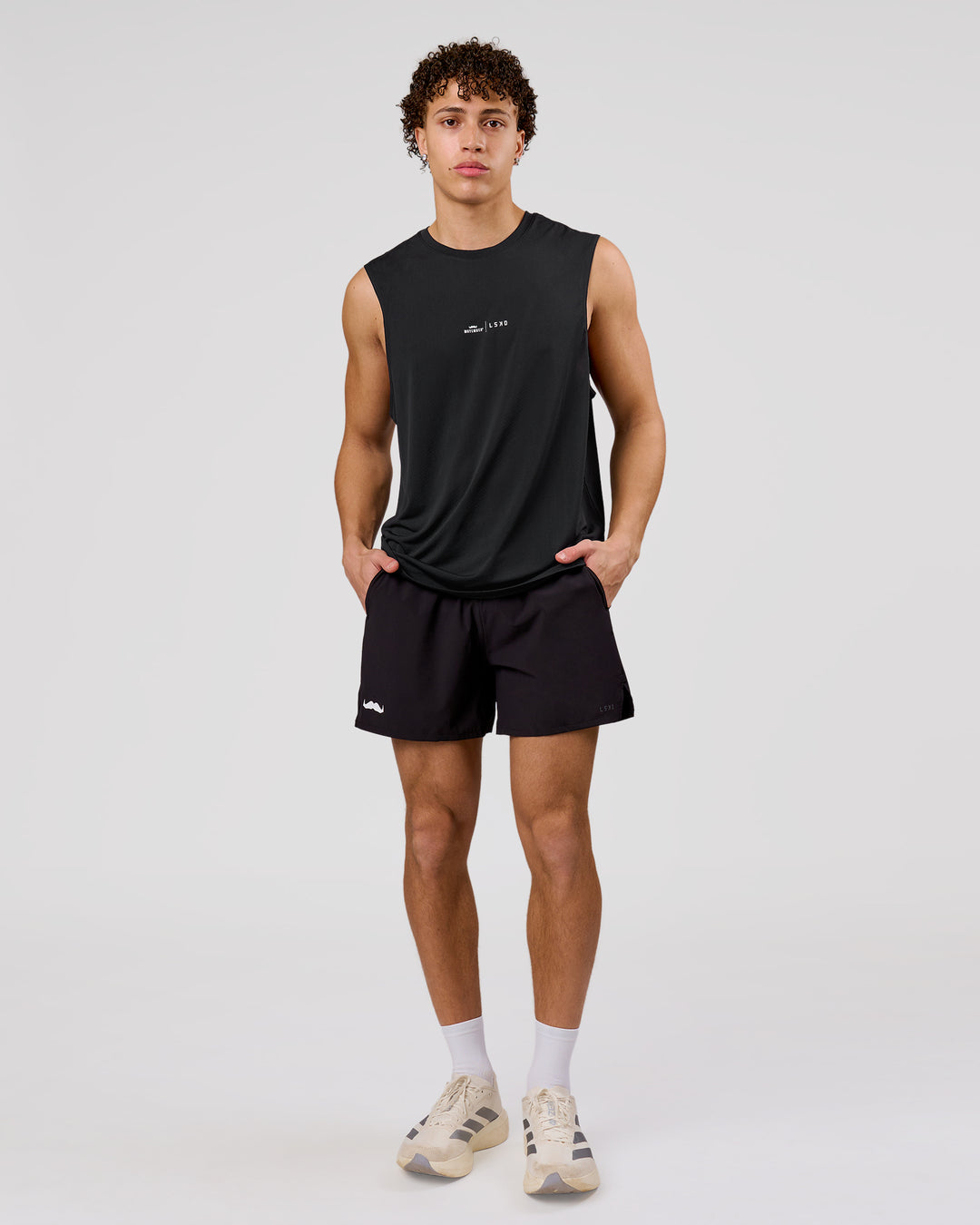 Man wearing Movember x LSKD Rep Muscle Training Tank - Black | Model:Leandro | Size:M - view 3