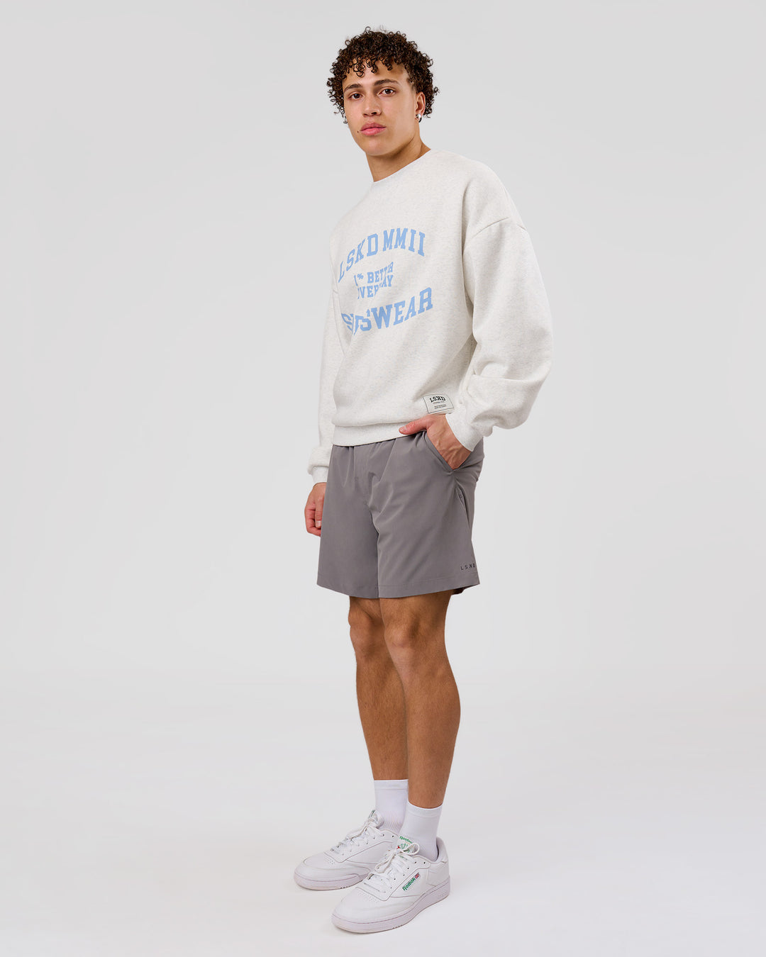 Man wearing Playbook Boxy Crew Sweater - Silver Marl-Open Air | Model:Leandro | Size:M - view 9