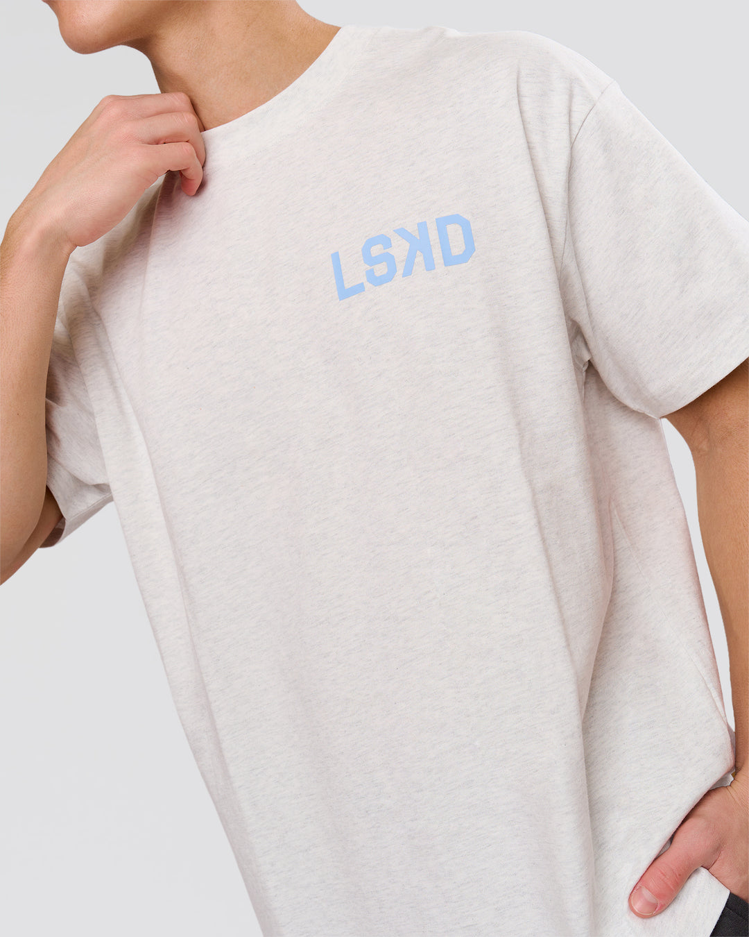 Man wearing Playbook Heavyweight Oversized Tee - Silver Marl-Open Air | Model:Leandro | Size:M - view 5