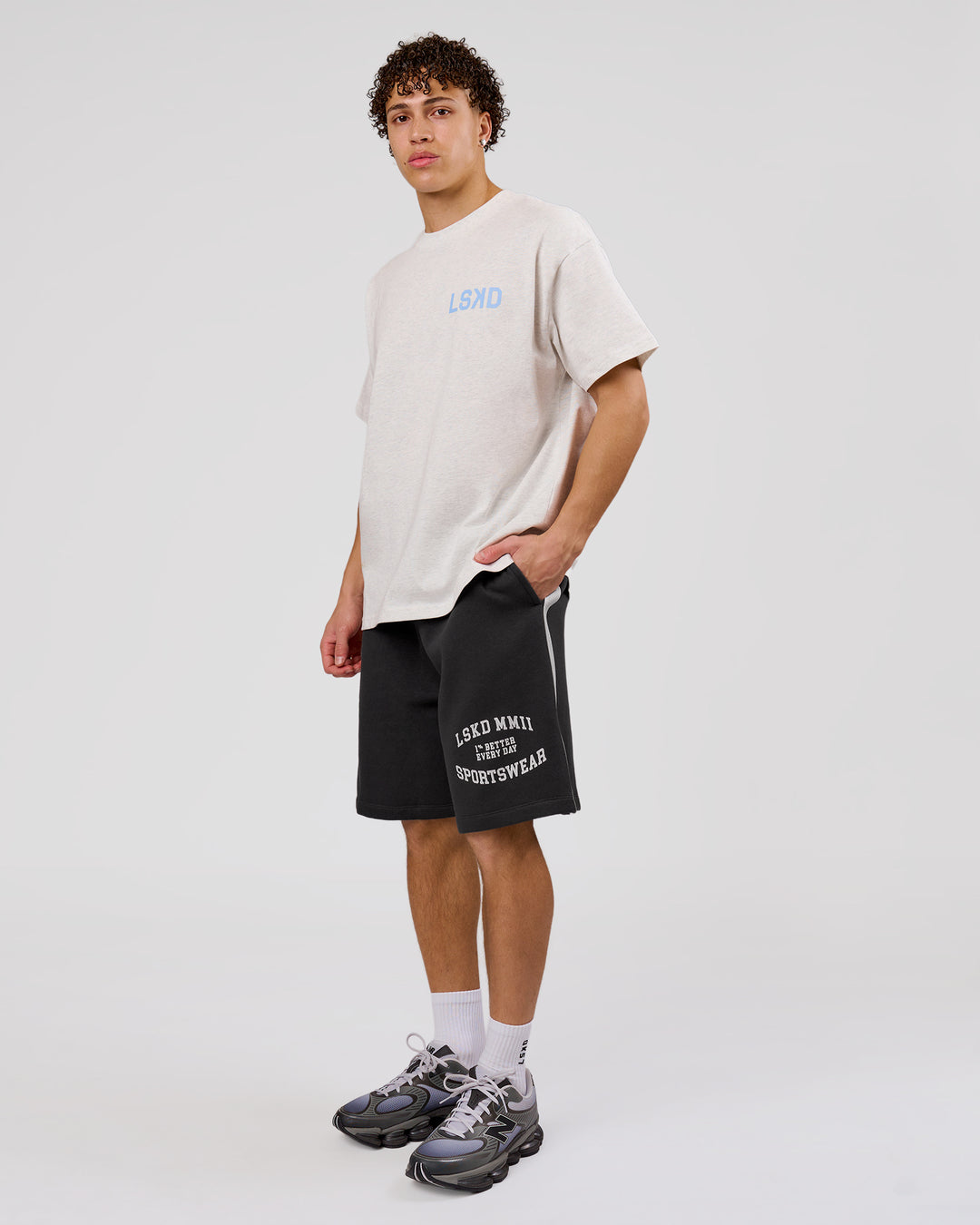 Man wearing Playbook Heavyweight Oversized Tee - Silver Marl-Open Air | Model:Leandro | Size:M - view 12