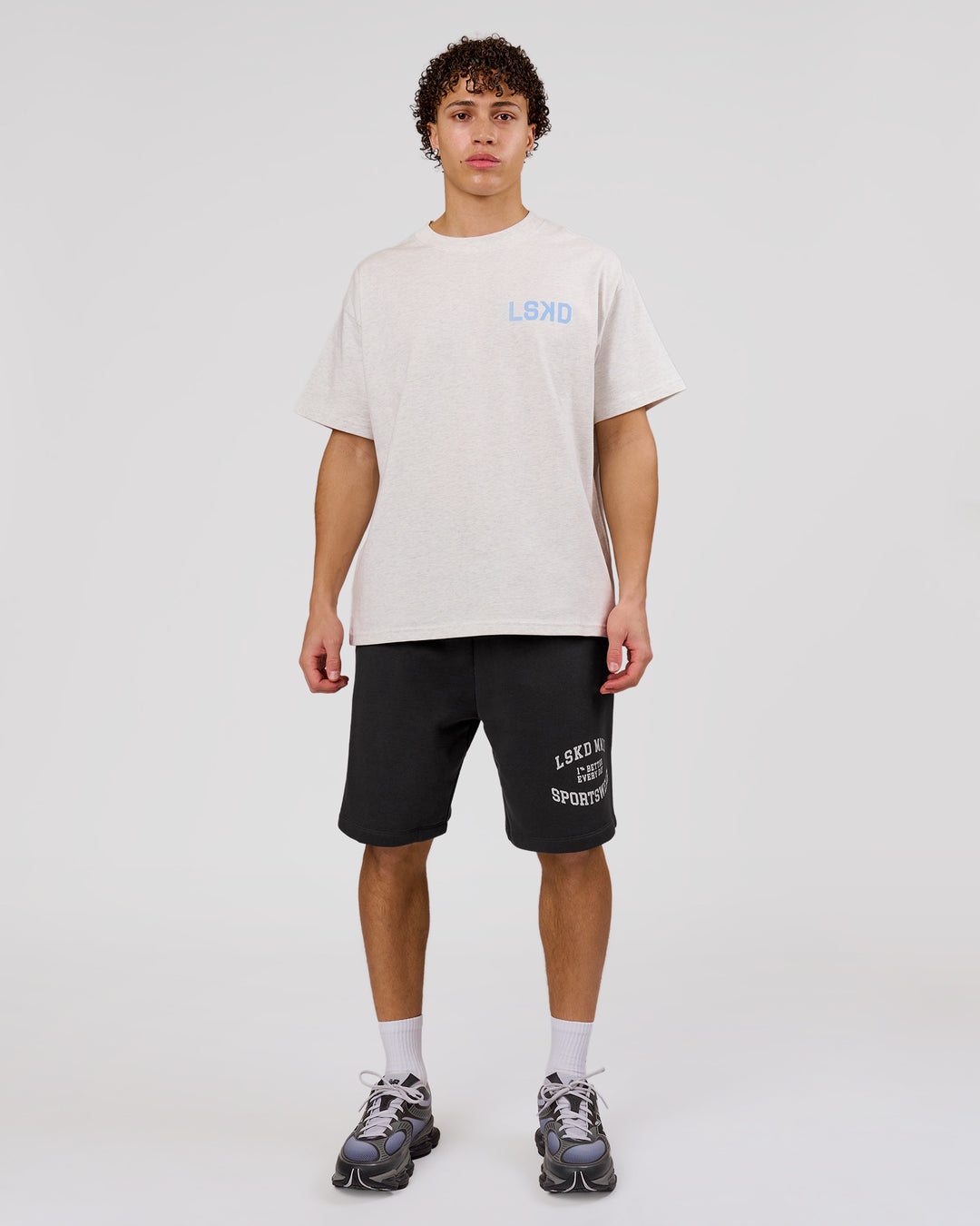 Man wearing Playbook Heavyweight Oversized Tee - Silver Marl-Open Air | Model:Leandro | Size:M - view 13