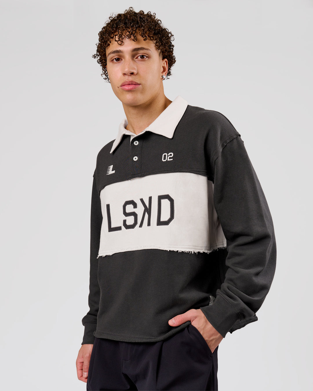 Man wearing Playbook Unisex Collared Sweater - Onyx-Off White | Model:Leandro | Size:M - view 2