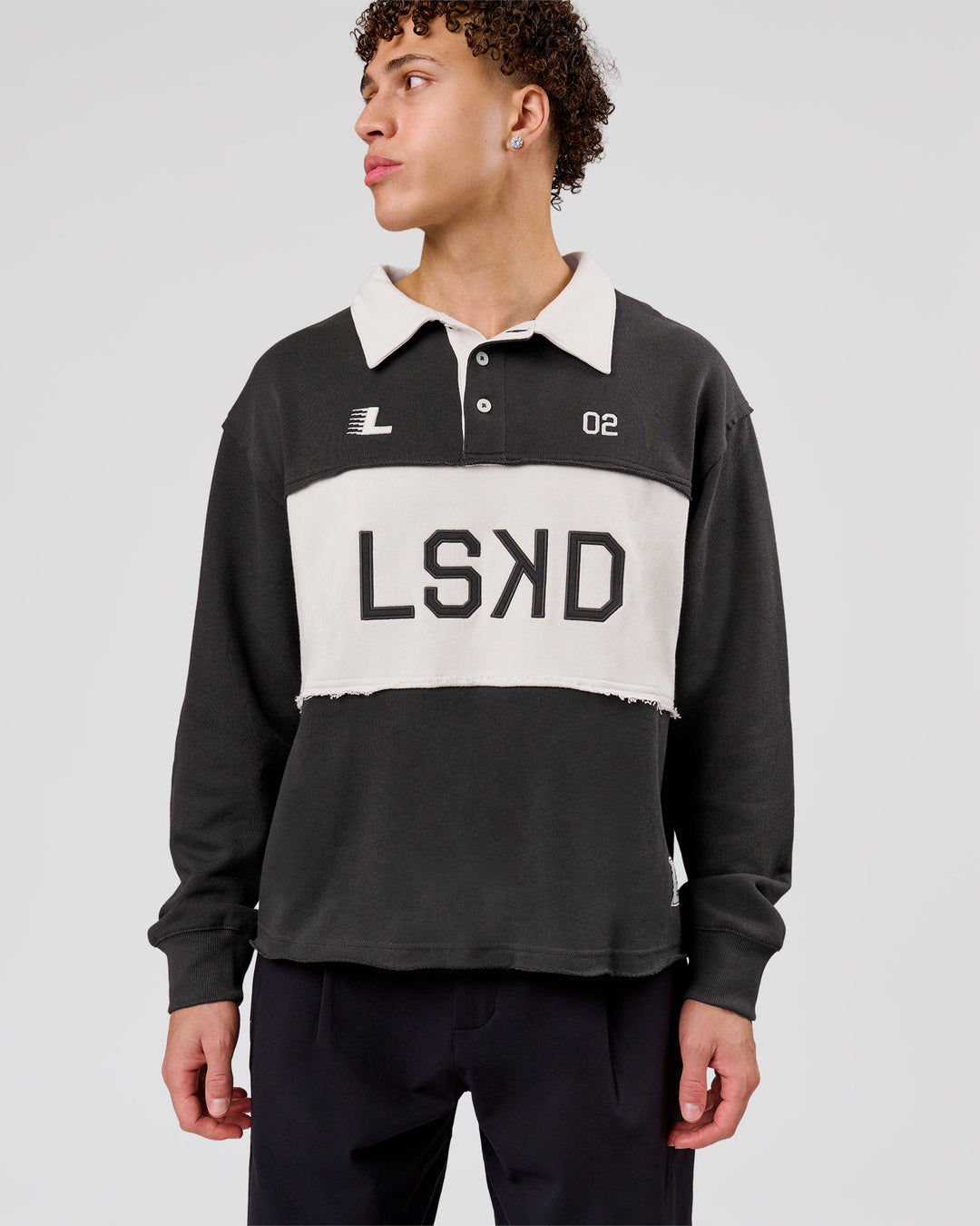 Man wearing Playbook Unisex Collared Sweater - Onyx-Off White | Model:Leandro | Size:M - view 15