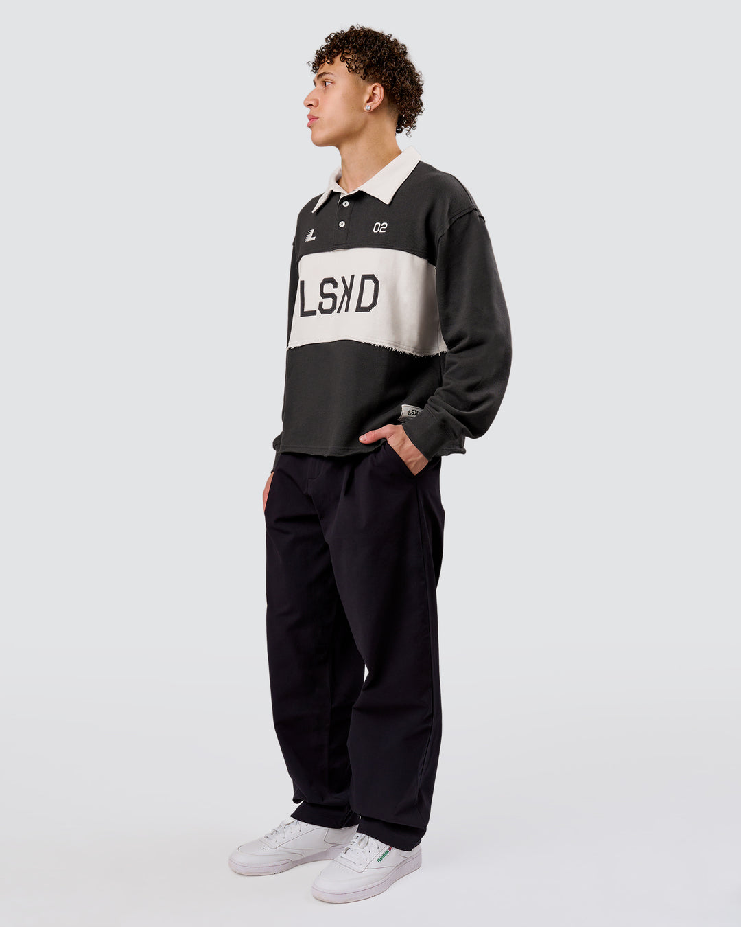 Man wearing Playbook Unisex Collared Sweater - Onyx-Off White | Model:Leandro | Size:M - view 18