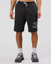 Man wearing Playbook Varsity Fleece Shorts - Onyx-Off White | Model:Leandro | Size:M | Thumbnail Index: 12