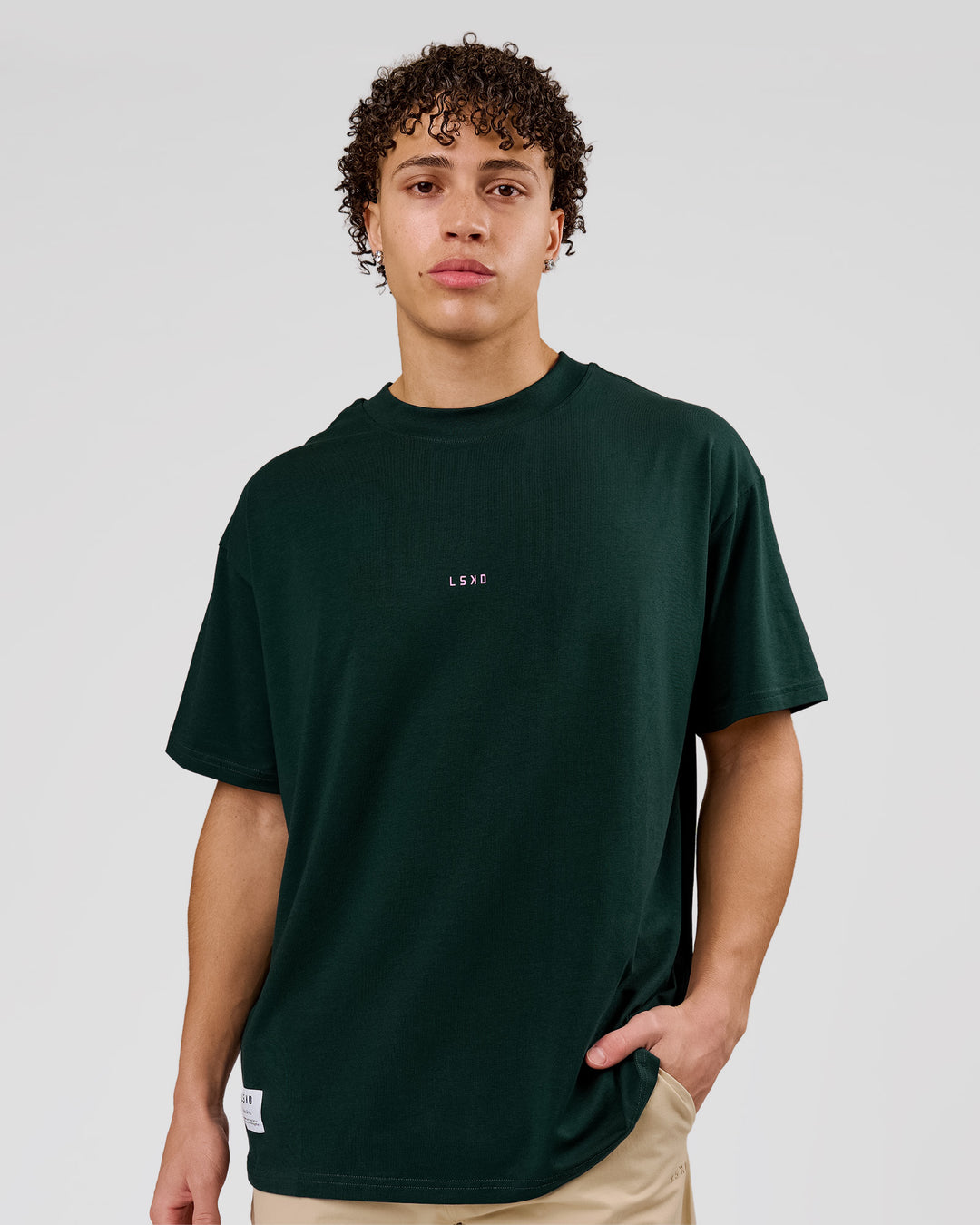 Man wearing VS26 MFBS FLXCotton Oversize Tee - Midnight Green-Pink Rose | Model:Leandro | Size:M - view 5