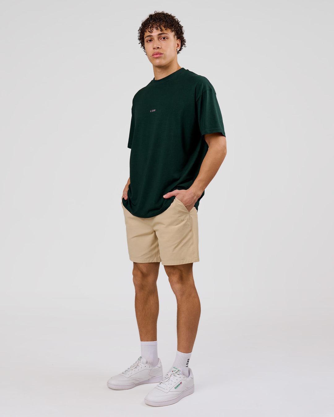 Man wearing VS26 MFBS FLXCotton Oversize Tee - Midnight Green-Pink Rose | Model:Leandro | Size:M - view 10