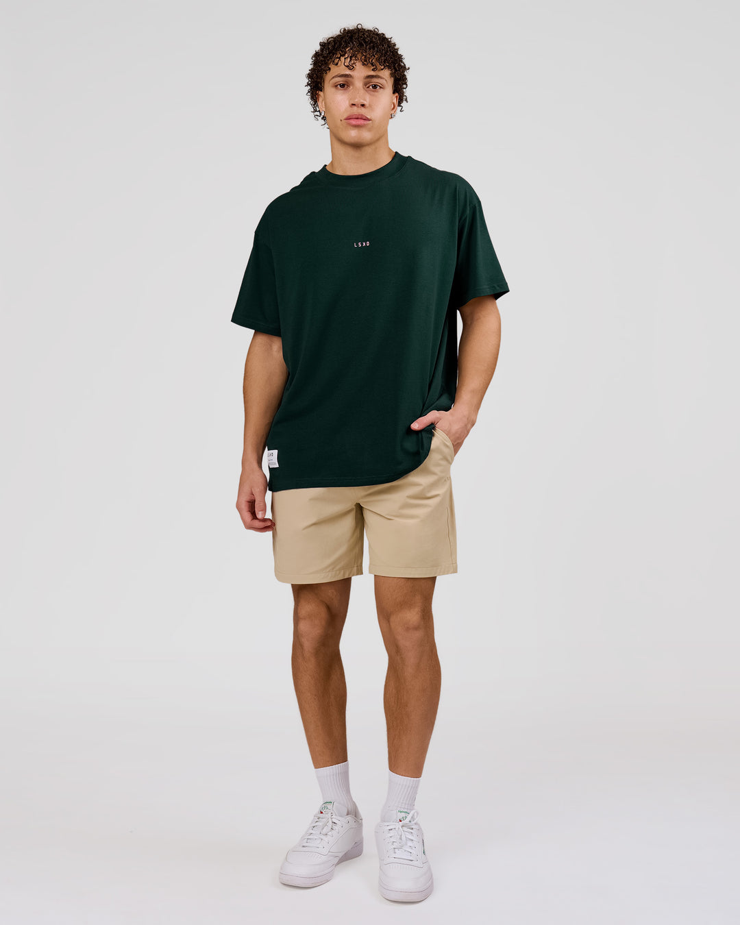 Man wearing VS26 MFBS FLXCotton Oversize Tee - Midnight Green-Pink Rose | Model:Leandro | Size:M - view 12