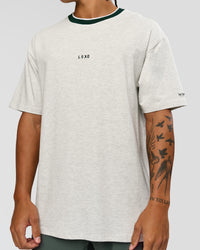 Man wearing Be Here Now Heavyweight FLXCotton Tee Oversize - Silver Marl-Midnight Green | Model:Malebo | Size:M | Thumbnail Index: 3