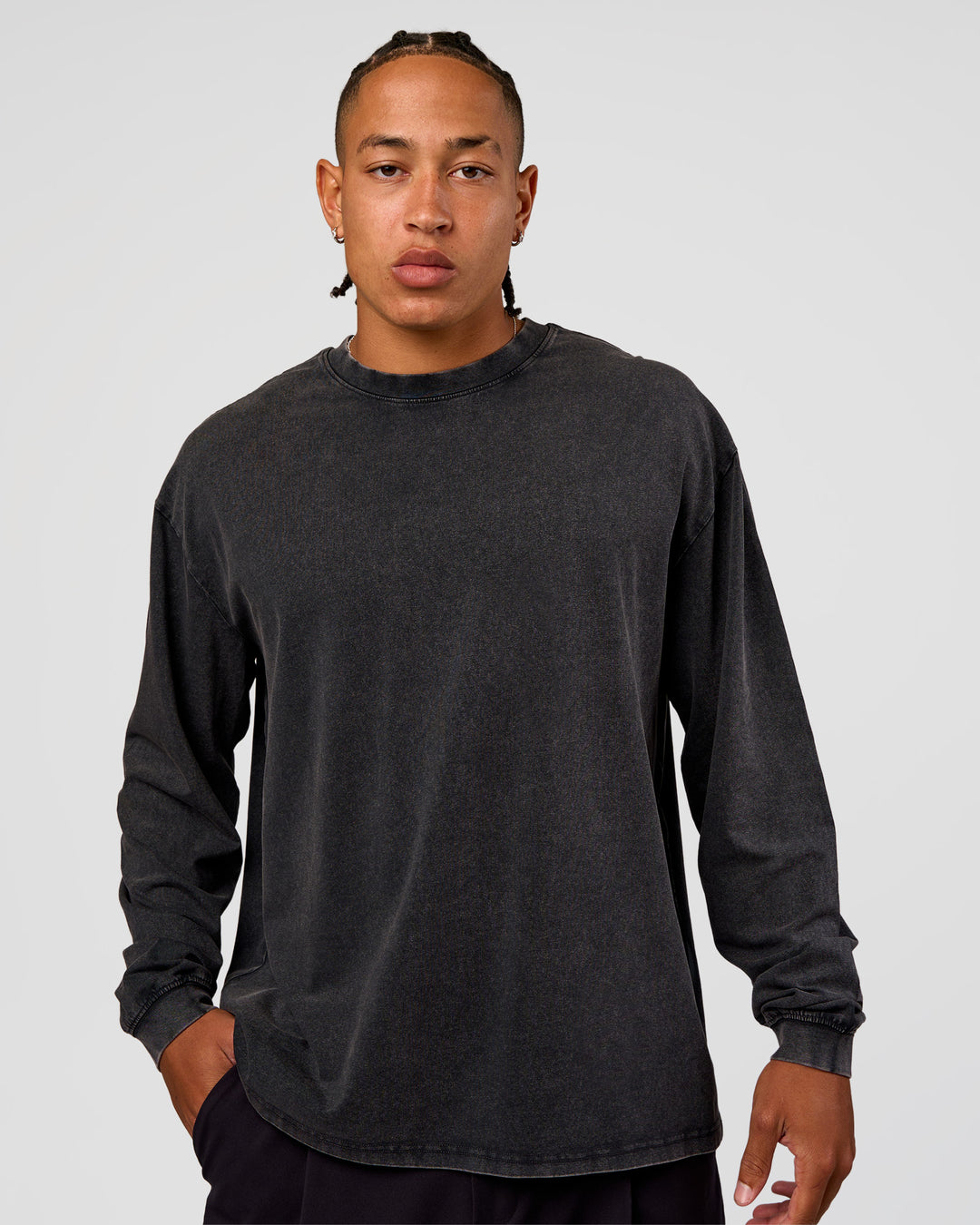 Man wearing Clear Vision Heavyweight FLXCotton Oversized LS Tee - Black Washed-Black | Model:Malebo | Size:M - view 3