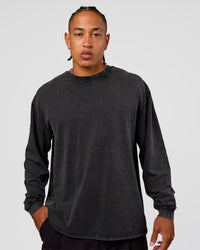Man wearing Clear Vision Heavyweight FLXCotton Oversized LS Tee - Black Washed-Black | Model:Malebo | Size:M | Thumbnail Index: 2