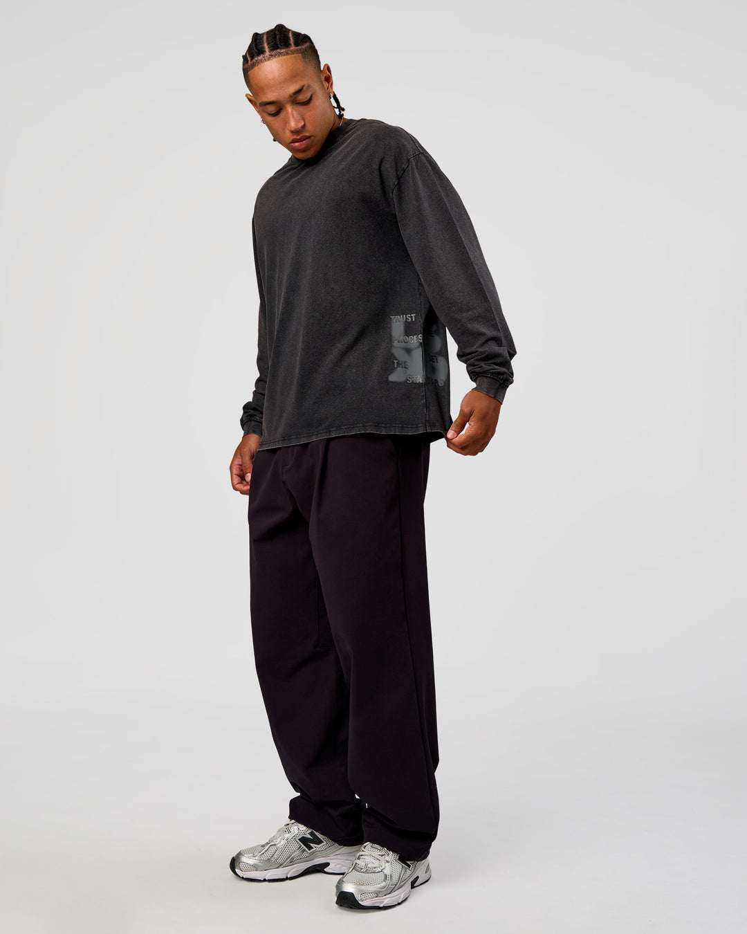 Man wearing Clear Vision Heavyweight FLXCotton Oversized LS Tee - Black Washed-Black | Model:Malebo | Size:M - view 7