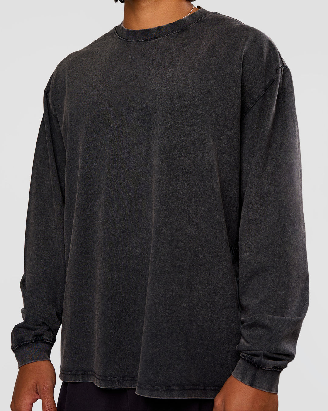 Man wearing Clear Vision Heavyweight FLXCotton Oversized LS Tee - Black Washed-Black | Model:Malebo | Size:M - view 9
