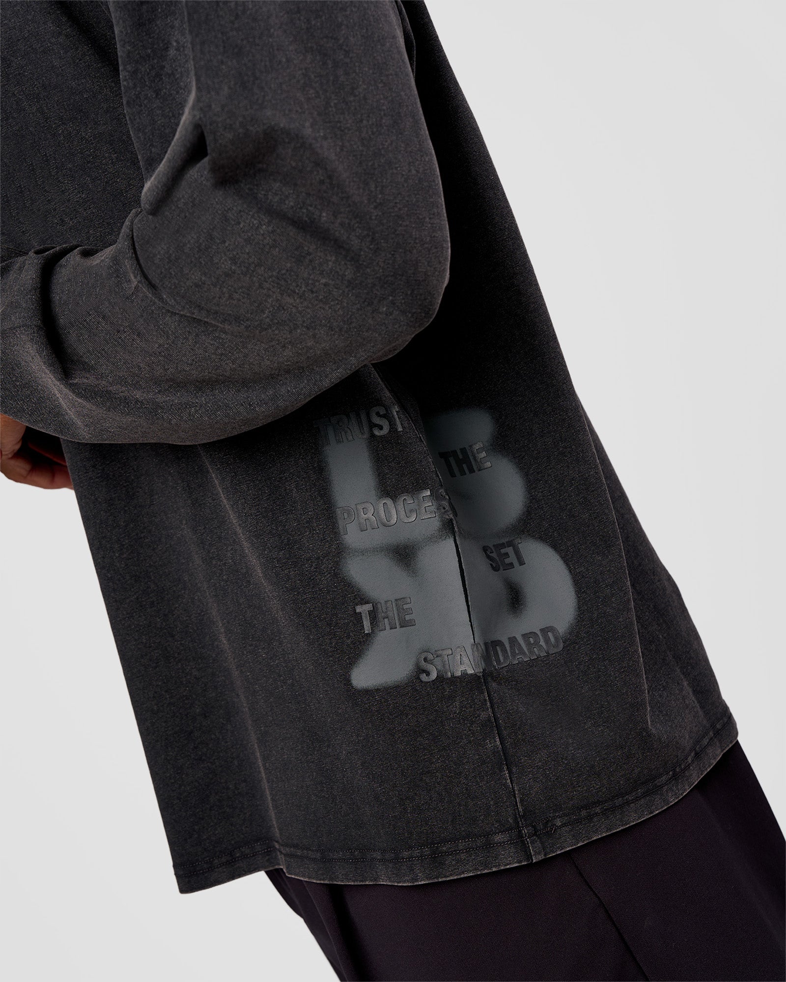 Man wearing Clear Vision Heavyweight FLXCotton Oversized LS Tee - Black Washed-Black | Model:Malebo | Size:M