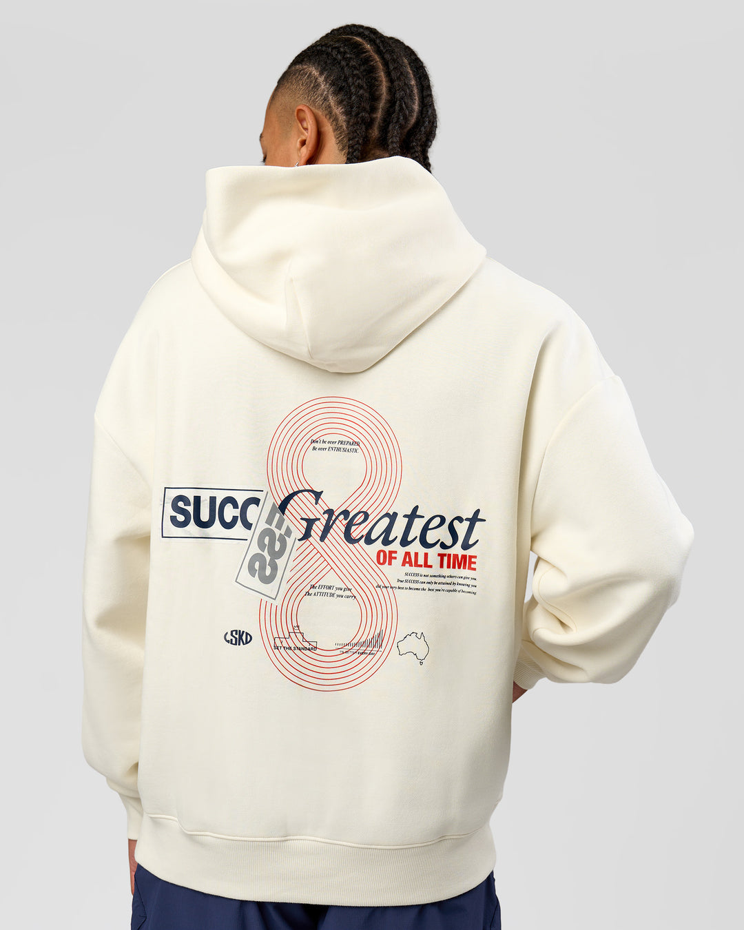 Man wearing Greatest of All Time Heavyweight Oversized Hoodie - Off White | Model:Malebo | Size:M - view 3