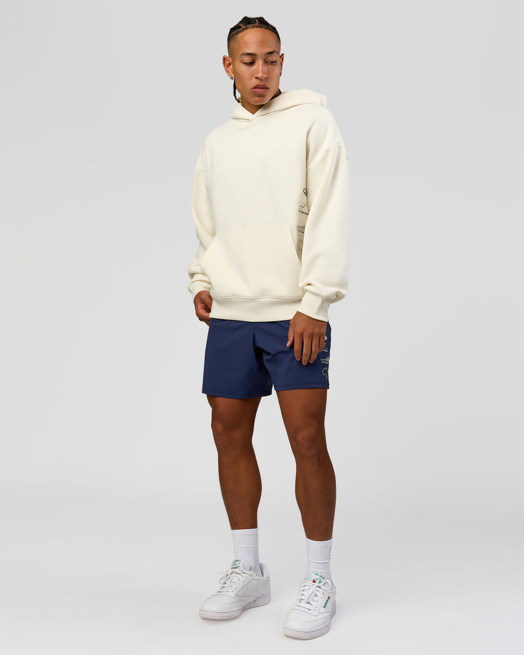 Man wearing Greatest of All Time Heavyweight Oversized Hoodie - Off White | Model:Malebo | Size:M - view 19