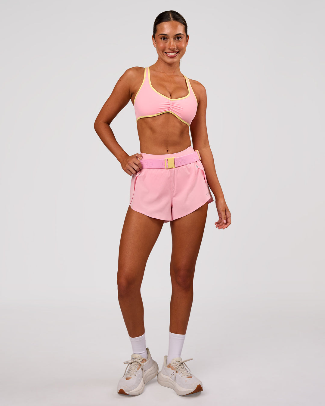 Studio image of Accelerate Run Belt - Lemon-Pink Rose - view 6