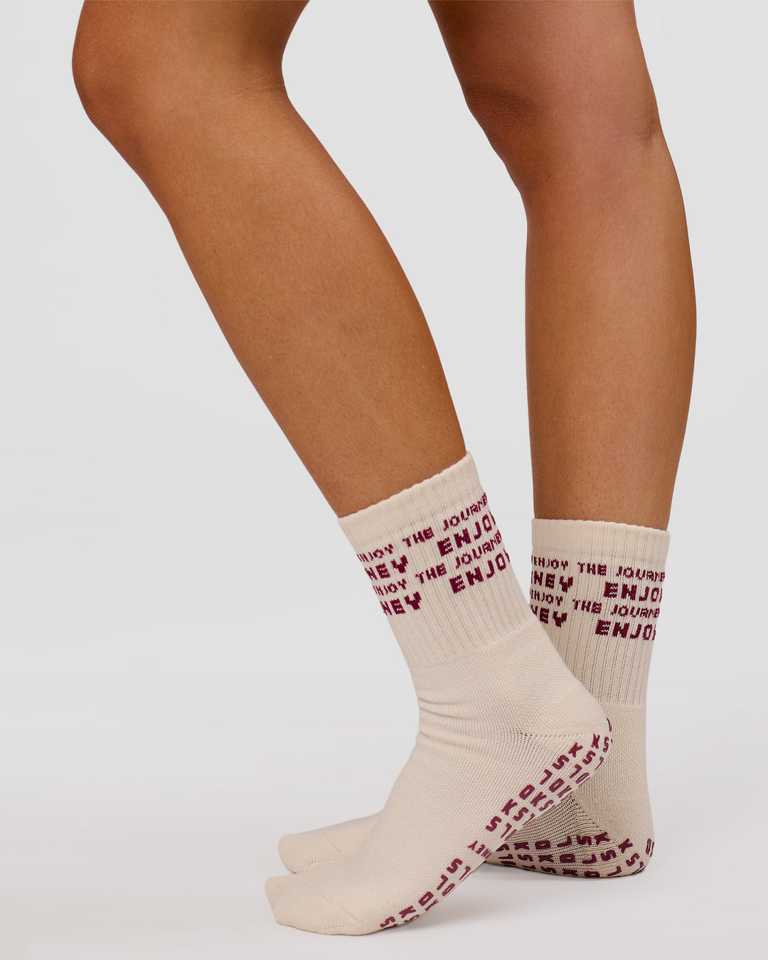 Studio image of Enjoy the Journey Pilates Grip Socks - Off White-Plum Caspia - view 3