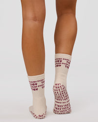 Studio image of Enjoy the Journey Pilates Grip Socks - Off White-Plum Caspia | Thumbnail Index: 0