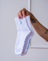 Studio image of Strong is Beautiful Quarter Socks - White-Open Air | Thumbnail Index: 1