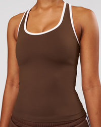 Woman wearing Flow Rep Scoop Neck Tank - Hot Chocolate-White | Model:Jordan | Size:XS | Thumbnail Index: 0